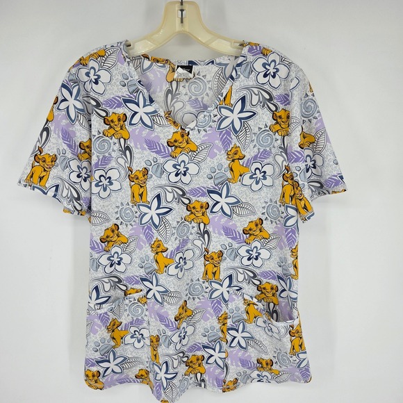 Disney Tops - Disney Simba Lion King Scrub Top Womens Medium Purple Floral V-Neck Medical Work